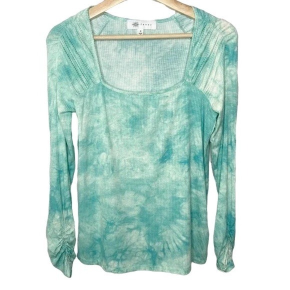 Fever Tie-Dyed Square-Neck Ribbed Knit Top Aqua Haze Make A Splash M - Picture 2 of 3